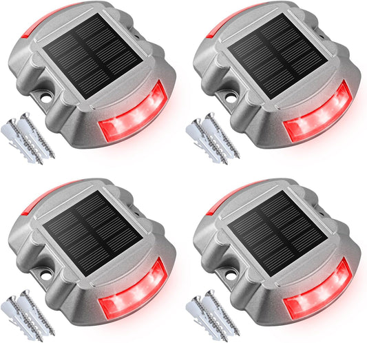 VOLISUN Christmas Solar Deck Lights Driveway Dock Lights, 4-Pack Led IP67 Waterproof Outdoor Warning Step Lights for Driveway Sidewalk Garden Pathway Yard(Red)