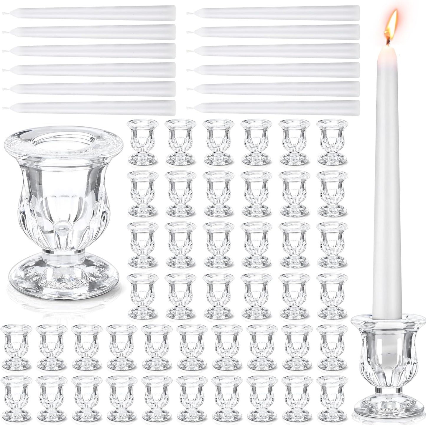 144 Pcs Glass Taper Candle Holders Bulk 2. 5 Inch Clear Candlestick Holder with Long Tapered Candles Candle Sticks Set for Table Centerpiece Wedding Christmas Party Decoration