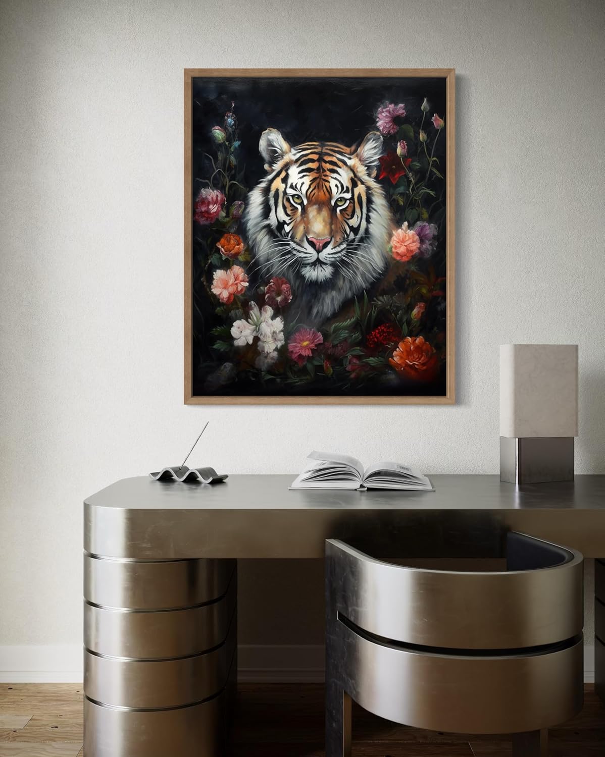 Tiger and Flower Poster Art Print, Halloween Scary Vintage Wall Art Academia Spooky Painting Decoration for Horror Prints, Gothic Posters Bedroom Decor 89 (Tiger and Flower, 16 x 20 inches, Wood Frame)