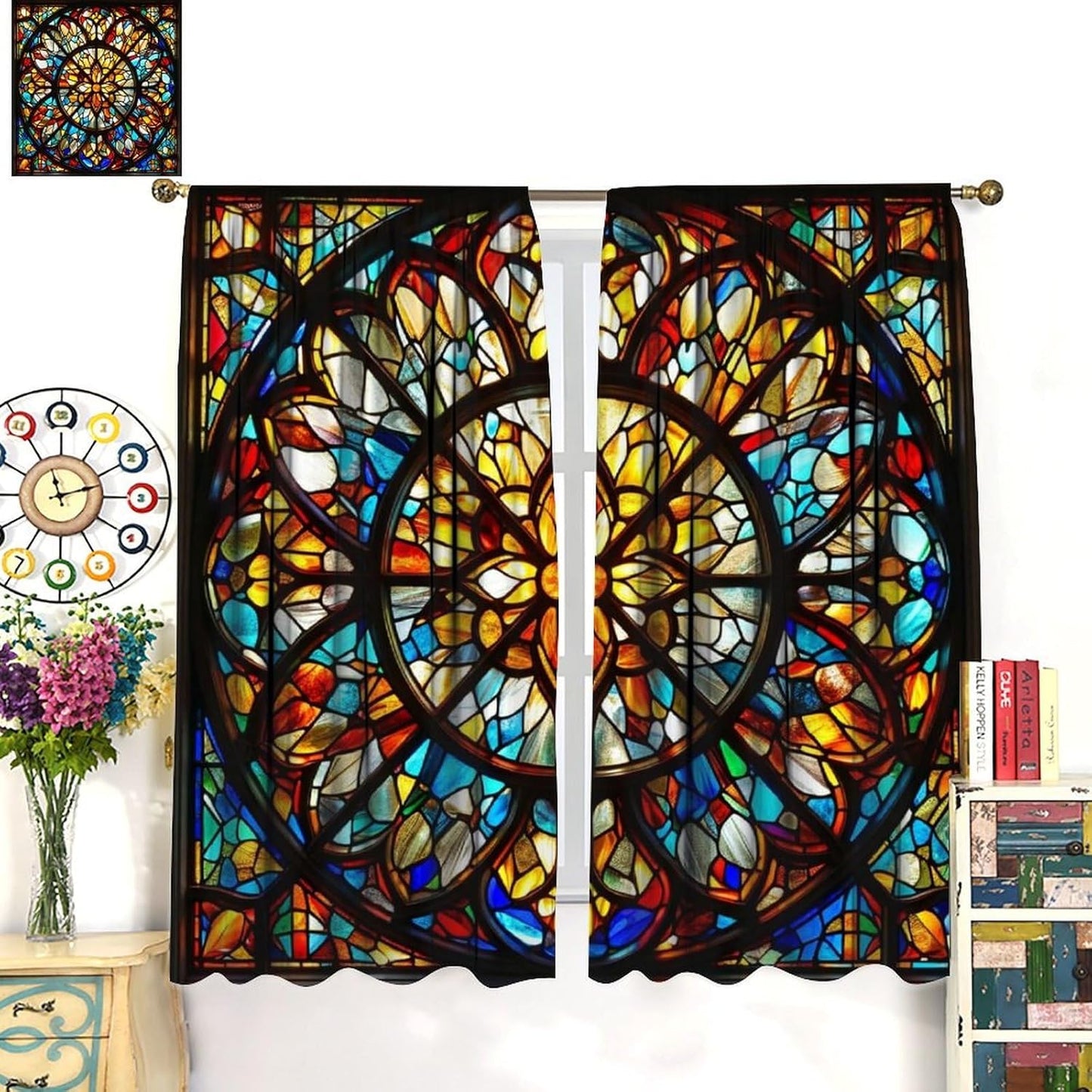 Stained Glass Curtains,Retro Mid Century Abstract Colorful Geometric Prints Home Decor Drapes for Bedroom Living Room Kitchen Window Treatment 2 Panels Set Total Size 55" W X 63" L Inch
