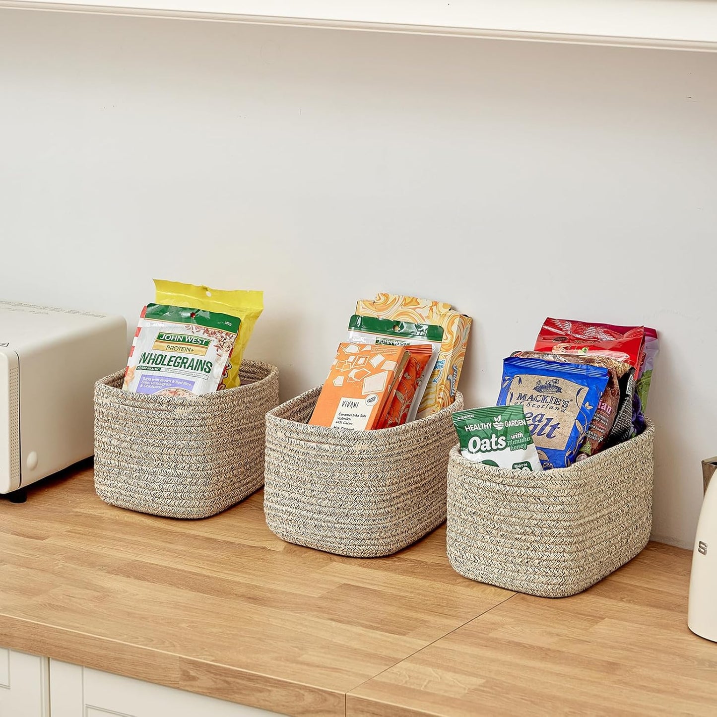 Small Cotton Rope Storage Basket Set of 3-11"x7"x7" Perfect Woven Baskets for Storage, Ideal Storage Baskets for Organizing Toys, Towels, and More - Baskets for Shelves and Home Decor（Beige）