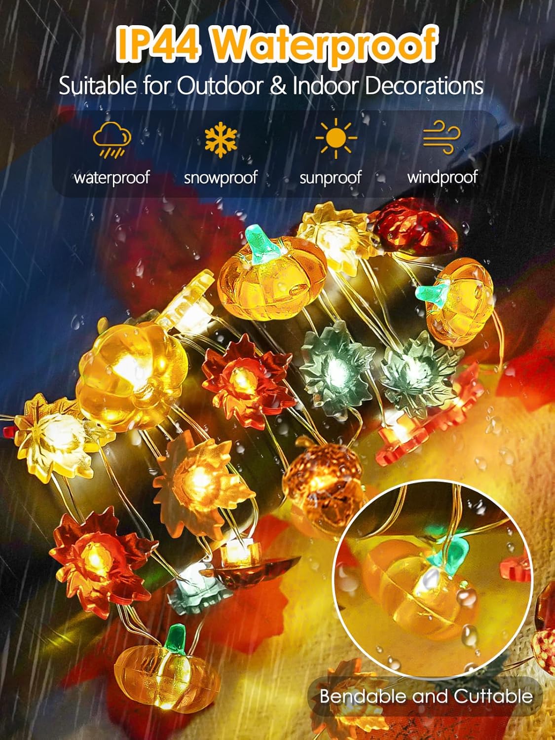 Fall Decorations 3D Pumpkin Acorn Maple Leaf Fairy Lights Battery Operated with Remote, 10FT 30 LED String Lights Outdoor & Indoor, Waterproof 8 Modes for Garland Harvest Thanksgiving Halloween Decor