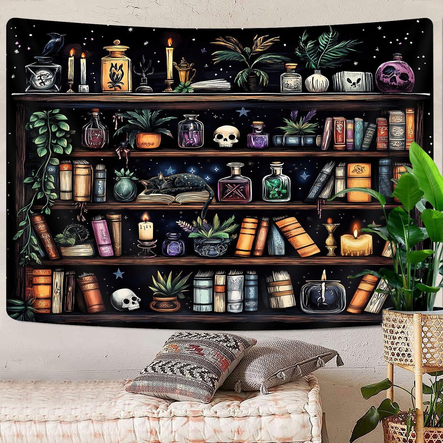 Bookshelf Tapestry Magical Library Witchy Tapestries, Vintage Fantasy Dark Bookshelf Hippie Cool Wall Tapestries Gothic Skull Black Cat Book Aesthetic Decor for Study Classroom, 80X60