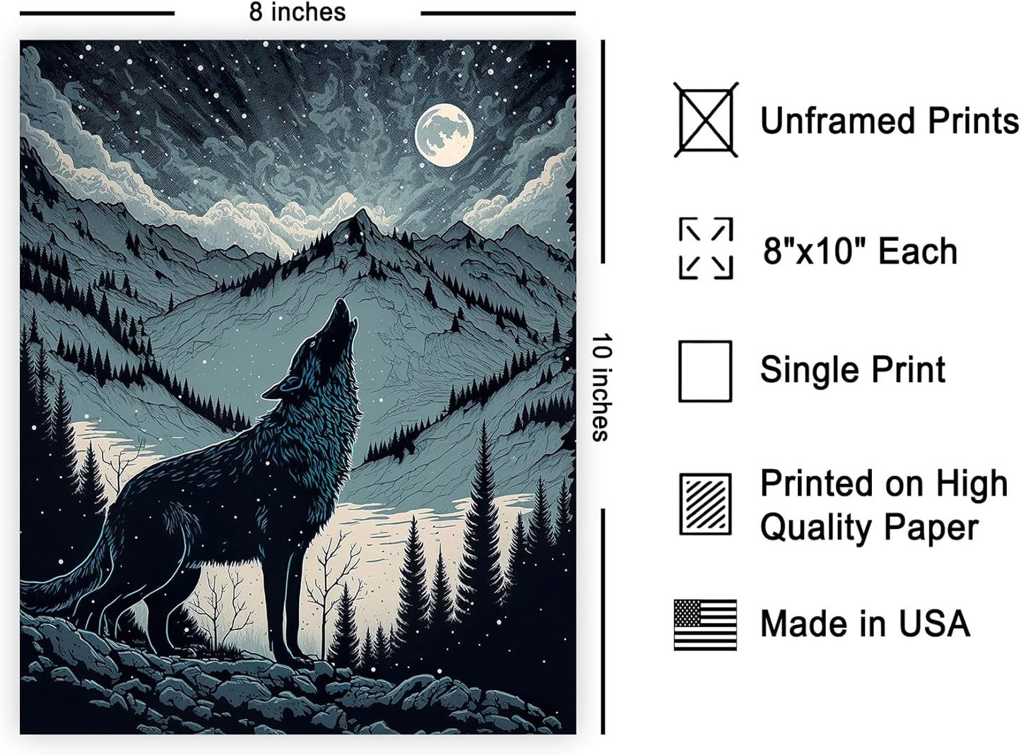Poster Master Howling Wolf Poster - Moon Print - Mountain Art - Wolf & Moon Art - Gift for Men, Women & Animal Lover - Landscape Decor for Bedroom, Living Room or Kid's Room - 8x10 UNFRAMED Wall Art