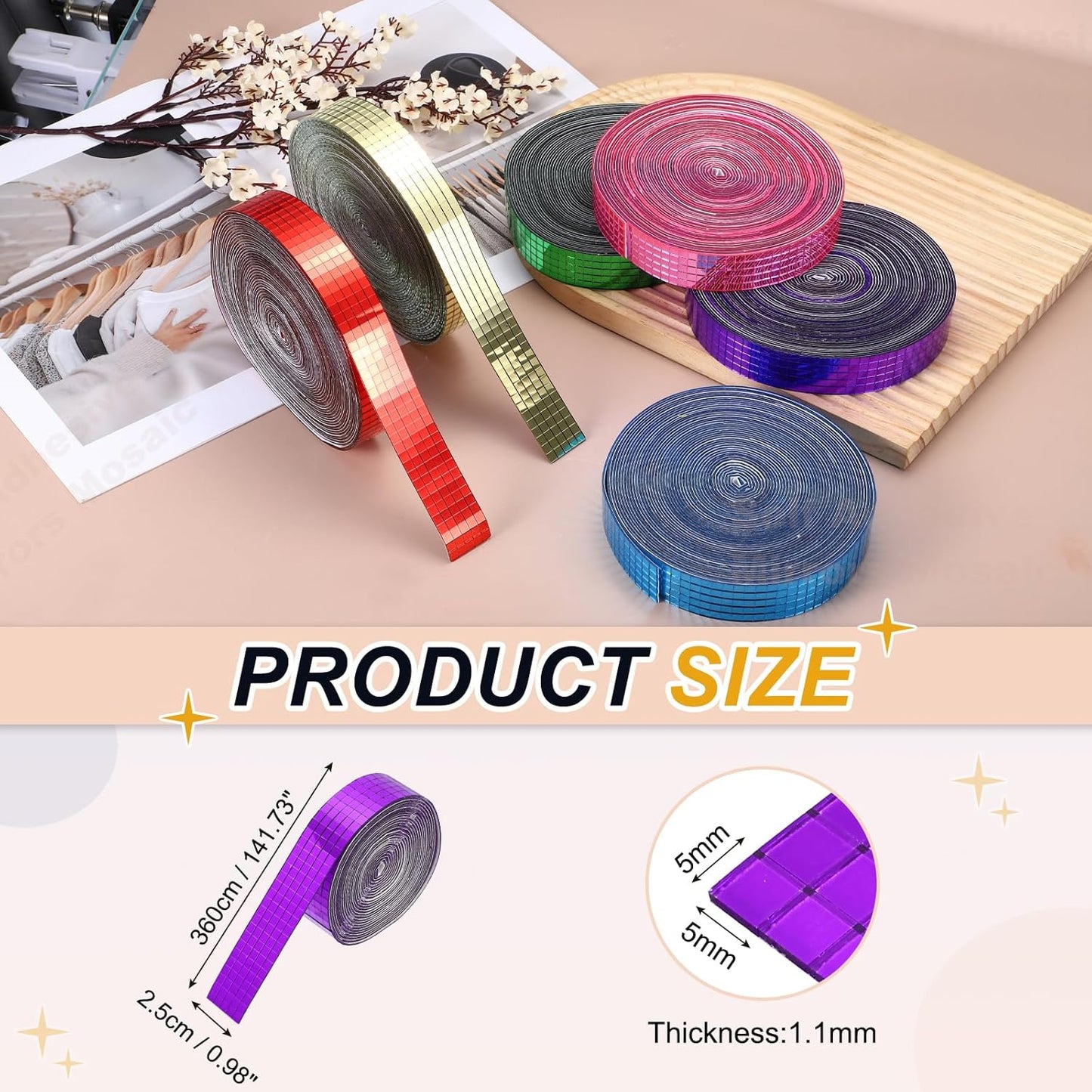 PATIKIL 5x5mm Self Adhesive Mirrors Mosaic Tiles, 3600 Pcs Square Mini Glass Mosaic Disco Tile Sticker for DIY Craft Disco Ball Party Decoration, Purple