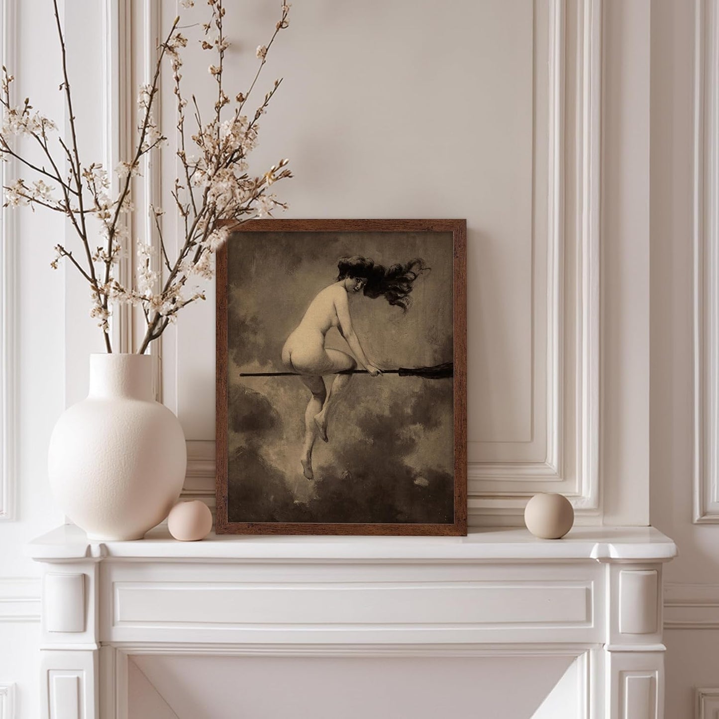 Poster Master Vintage Albert Joseph Penot Poster - Retro Halloween Print - Gift for Artist, Friend - Departure for the Sabbath, Naked Witch on Broom - Wall Decor for Bedroom, 8x10 Brown Framed