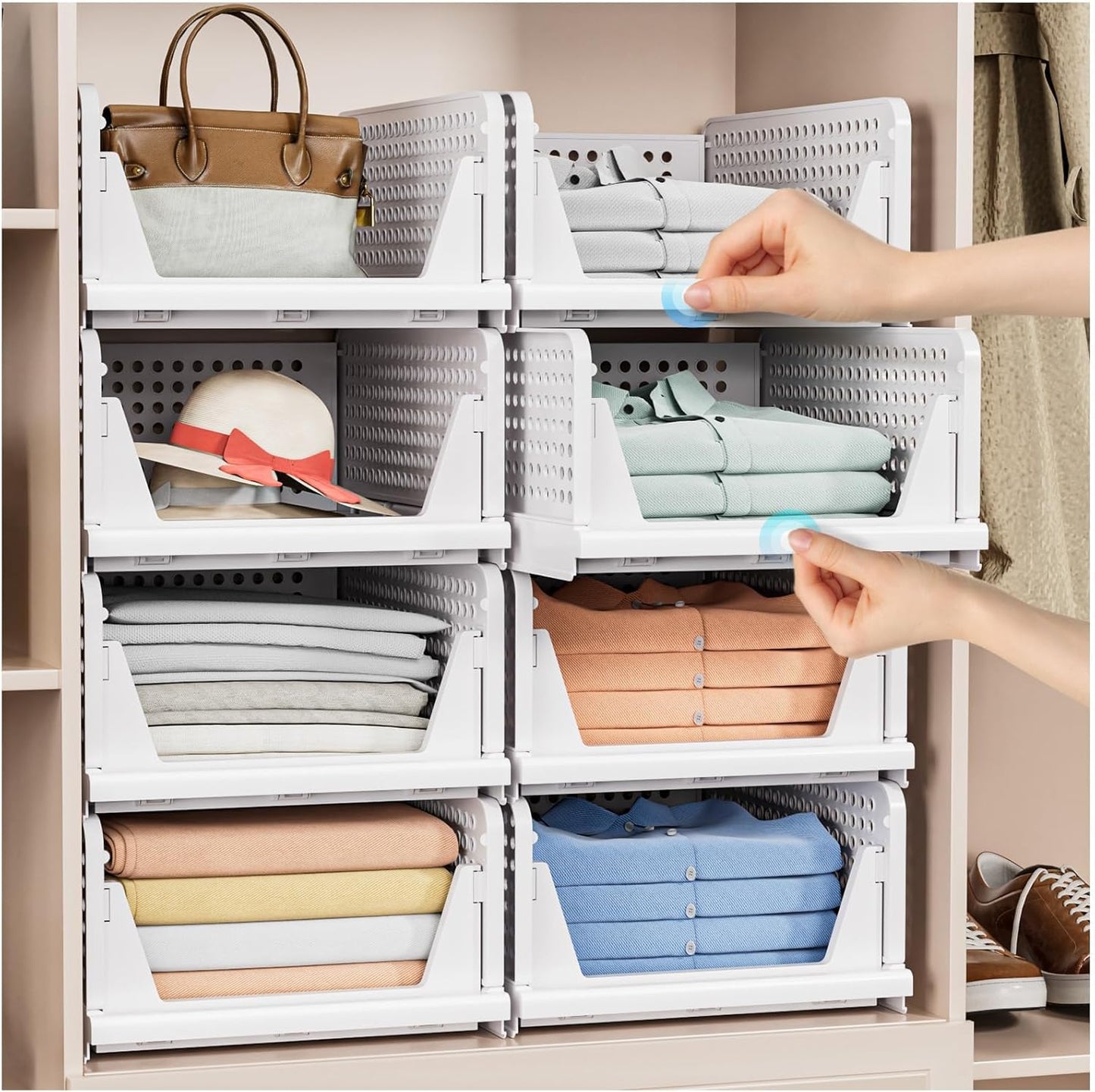 5 Pack Stackable Closet Storage Basket - Stackable Storage Bins, Multifunctional & Foldable Closet Organizer, Wardrobe Cupboard Space-Saving Hat Storage Drawer Organizer, White