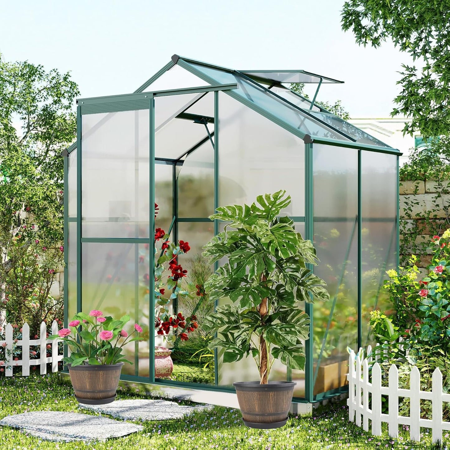 16-inch-Plant-Pots-Indoor-Outdoor, 4 Pack Large Whiskey Barrel Planters with Drainage Holes & Saucer, Plastic Flower Pots Imitation Wine Barrel Design, Decorative Garden Pots for Plants