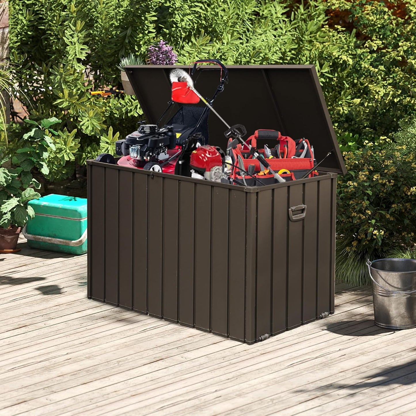 Domi 200 Gallon Deck Box, Outdoor Metal Lockable Storage Cabinet, Waterproof Steel Outdoor Bench with Lockable Lid, Side Handles & Rolling Casters for Outside Cushions, Pillows, Garden Tools, Brown
