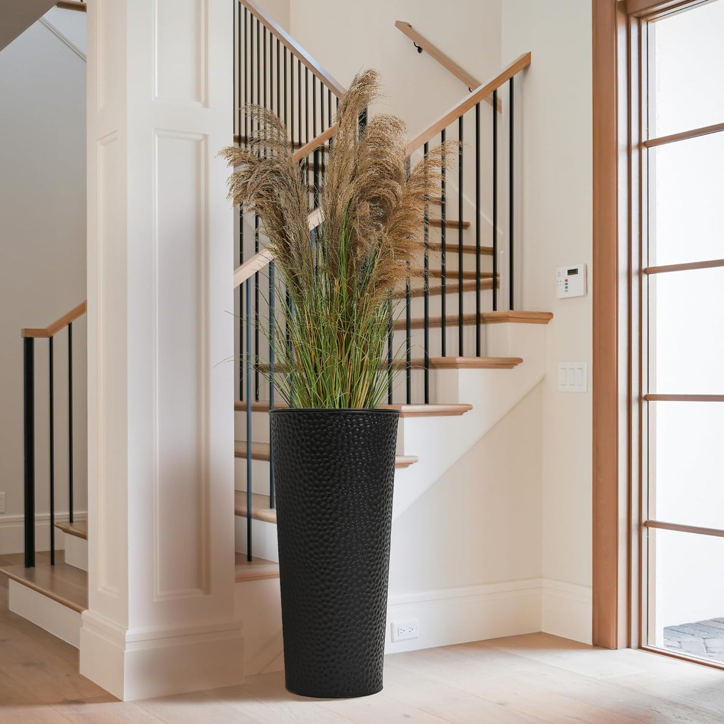 Worth Garden 2-Pack 25" H. Metal Planter with 2X Inside Pots - Hand-Hammered Texture Tall Tapered Plant Pots - Large Handcrafted Flower Pot for Indoor Outdoor, Deck, Patio, Front Porch (Black)