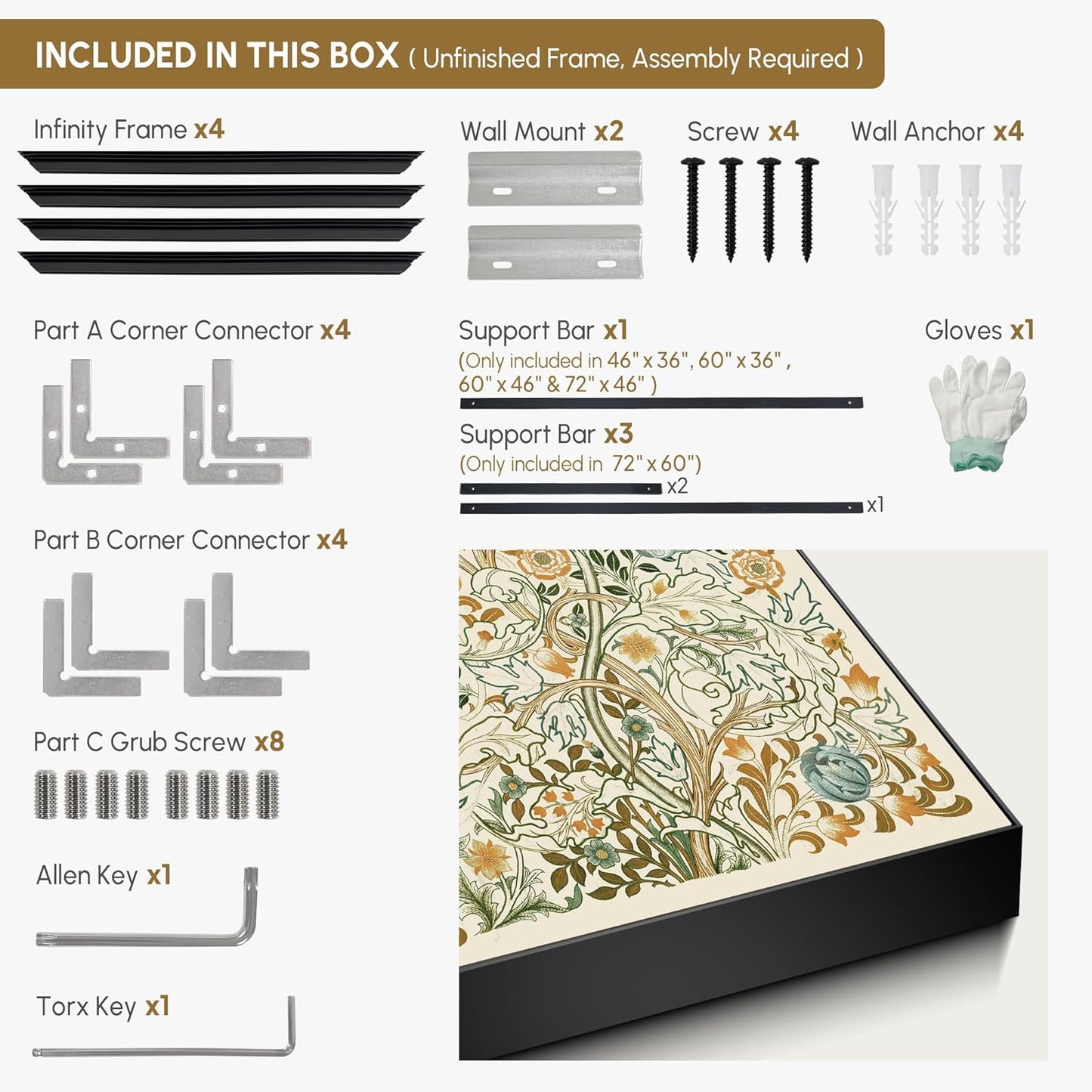 SIGNWIN 46"x72" Extra Large Framed Wall Art Vintage Botanical Floral with Golden and Teal Leaves, Elegant Nature Illustration for Home Living Room Bedroom Decor (Frame Assembly Required)