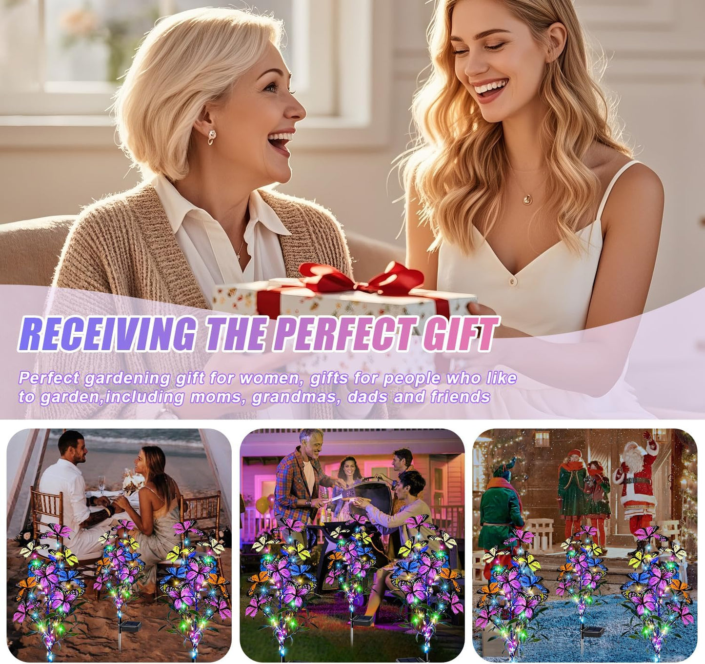 Solar Garden Lights Outdoor Waterproof Garden Decor, 4 Pack Upgraded 240 LED 54 Butterfly Colorful Outdoor Solar Decor for Yard Patio Gifts for Womens Mom (4 Pack Butterfly)