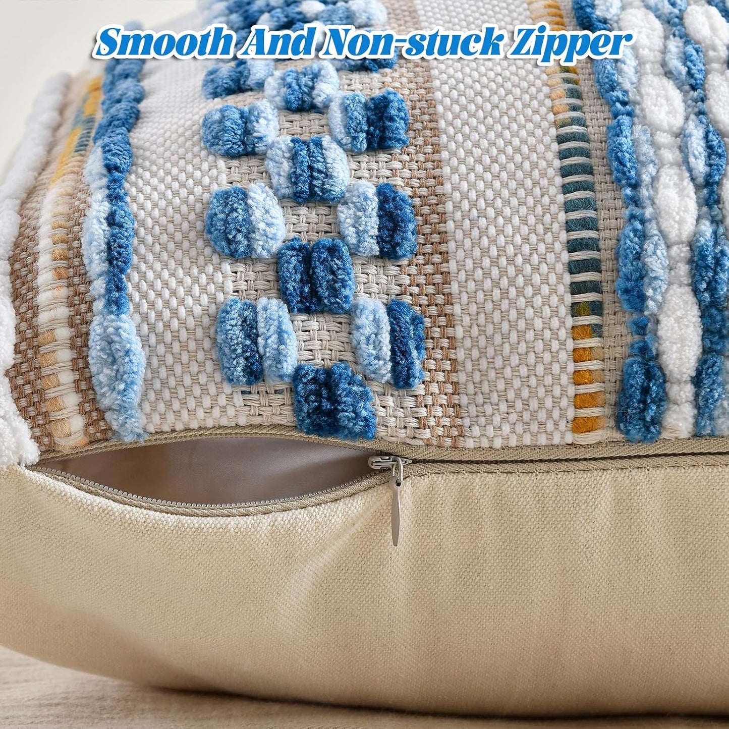 AmHoo Chenille Striped Textured Boho Throw Pillow Covers Aesthetic with Tassels Woven Decorative Pillow Case for Couch Bed Sofa Bedroom Modern Funky 18 x 18-Inch Sky Blue