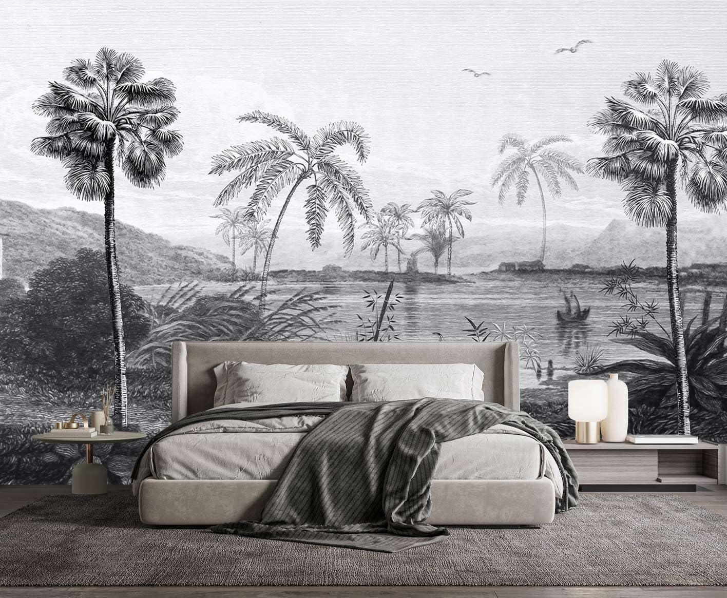 Vintage Black and White Forest Wallpaper Hand Painted Palm Tree Wall Mural for Bedroom Living Room (Not Peel n' Stick)