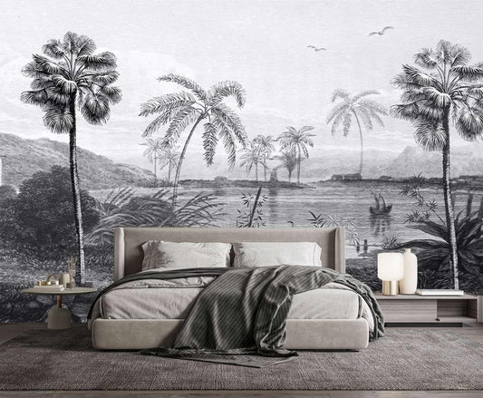 Vintage Black and White Forest Wallpaper Hand Painted Palm Tree Wall Mural for Bedroom Living Room (Not Peel n' Stick)