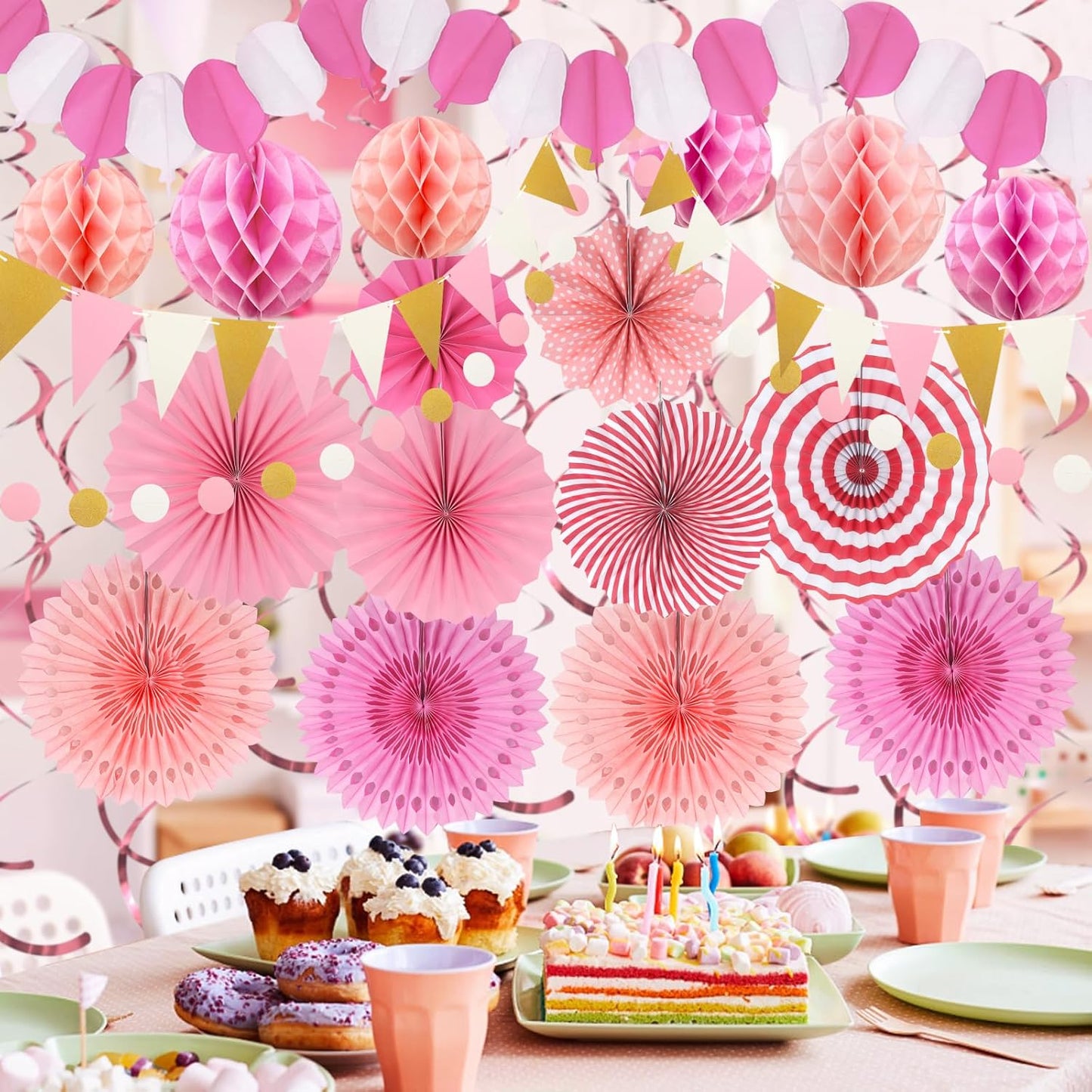 Pink Party Decorations, Easy Assembly Paper Fan Honeycomb Ball Garland Hanging Swirl Rose Red Party Supplies for Girl Women Birthday Bridal Shower Baby Shower Party Decorations