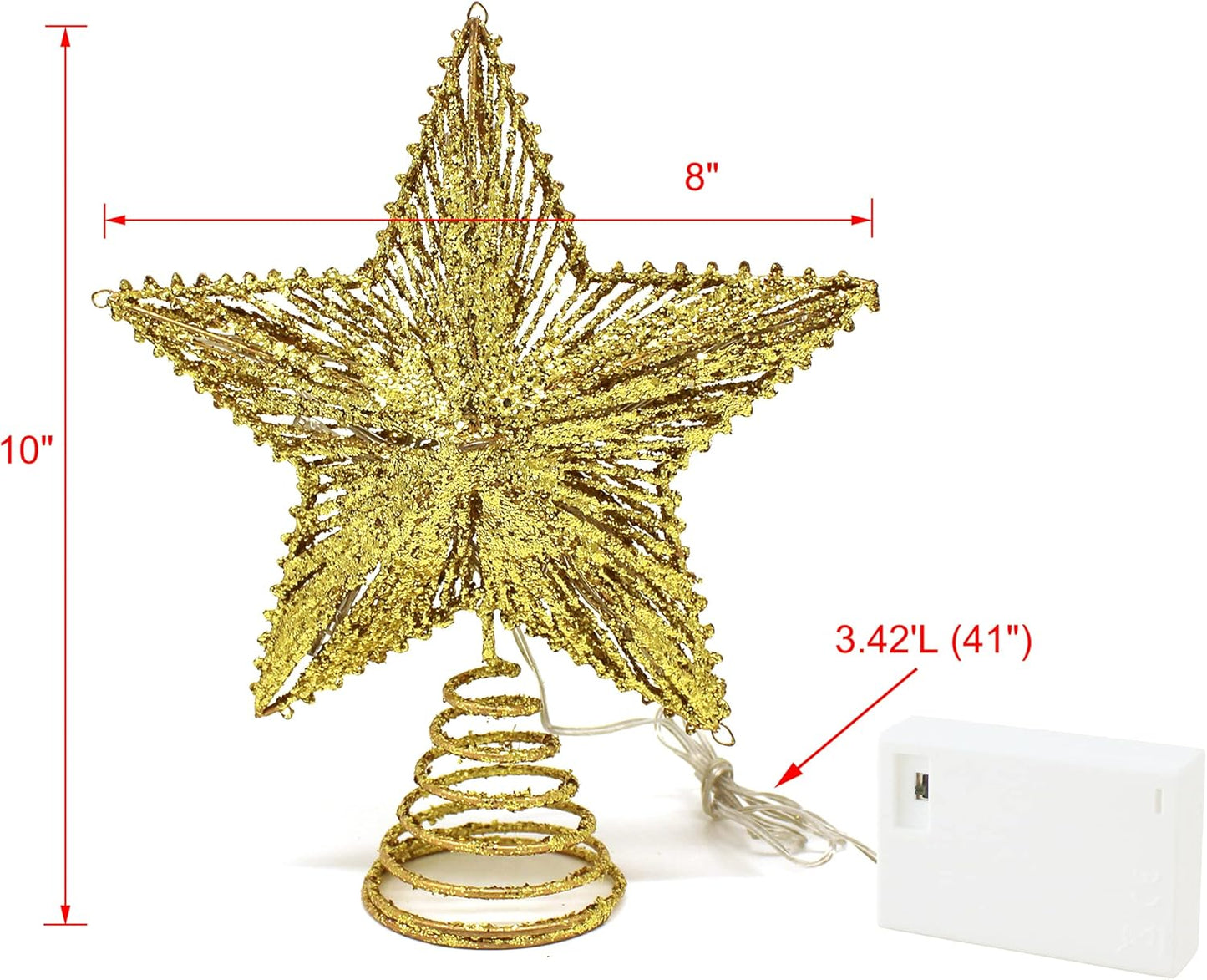 CVHOMEDECO. Gold Glittered 3D Tree Top Star with Warm White LED Lights and Timer for Christmas Tree Decoration and Holiday Seasonal Décor, 8 x 10 Inch