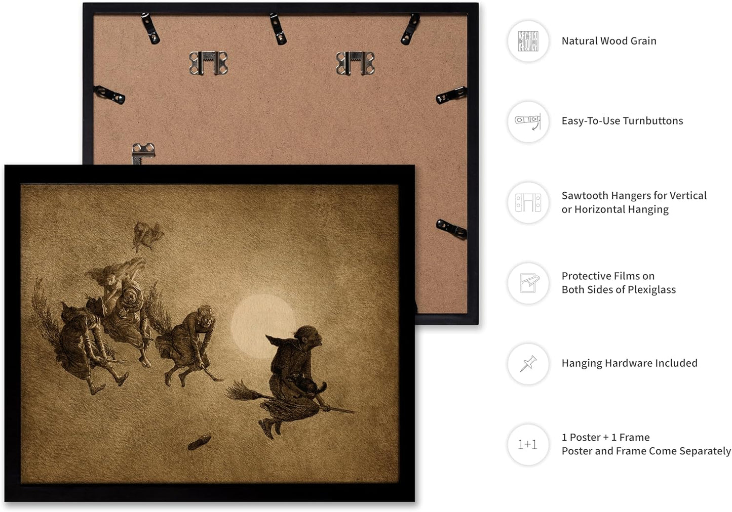 Poster Master Vintage William Holbrook Beard Poster - Retro Occult Print - Gift for Gothic, Horror Fan - The Witches Ride, Pagan, Goth, Magic - Wall Decor for Bedroom, Dorm, 16x20 Black Framed