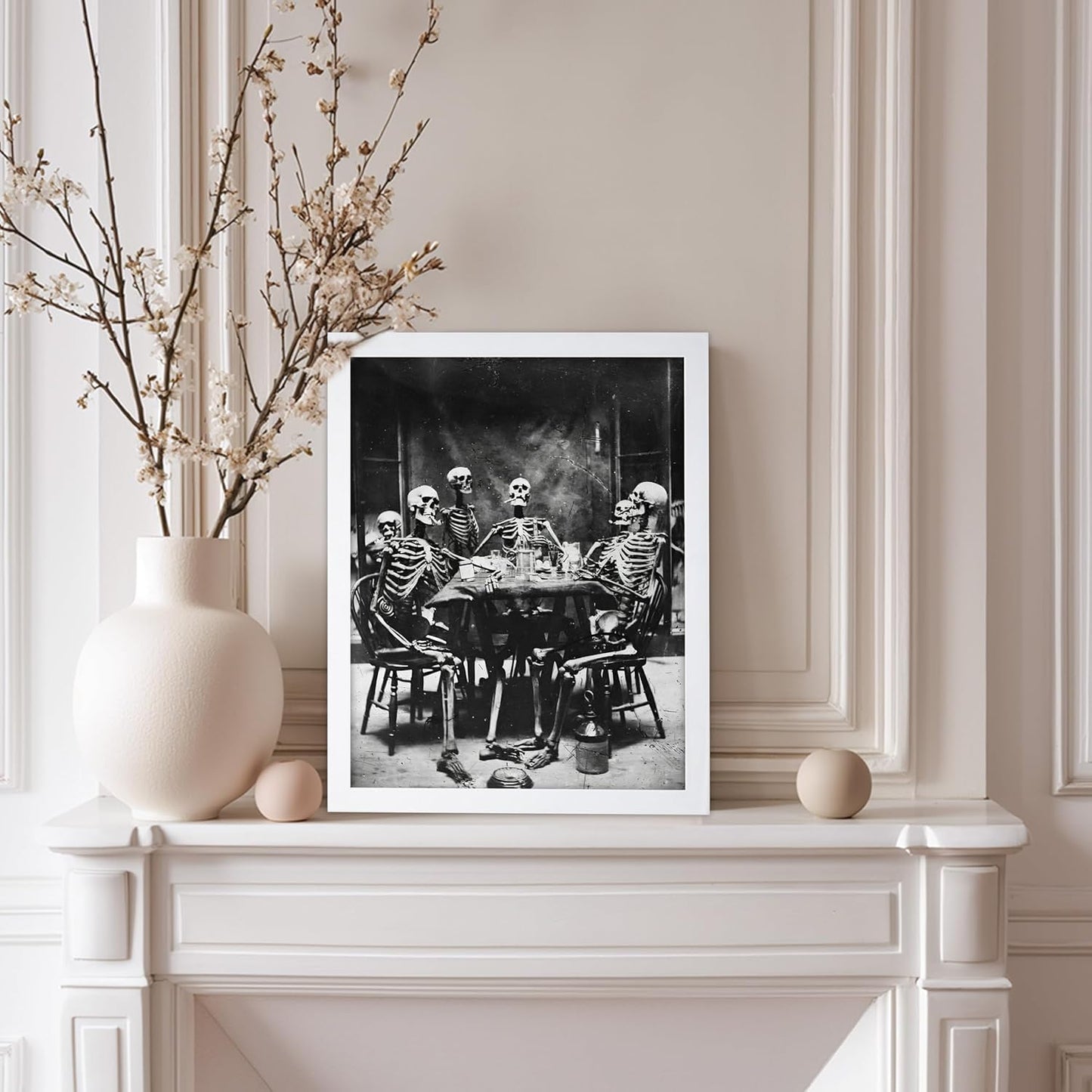 Poster Master Vintage Photograph Poster - Retro Daguerreotype Print - Gift for Artist, Friend - Skeletons Smoking at Table, Dinner Party, Goth - Wall Decor for Home, Dorm, 8x10 White Framed