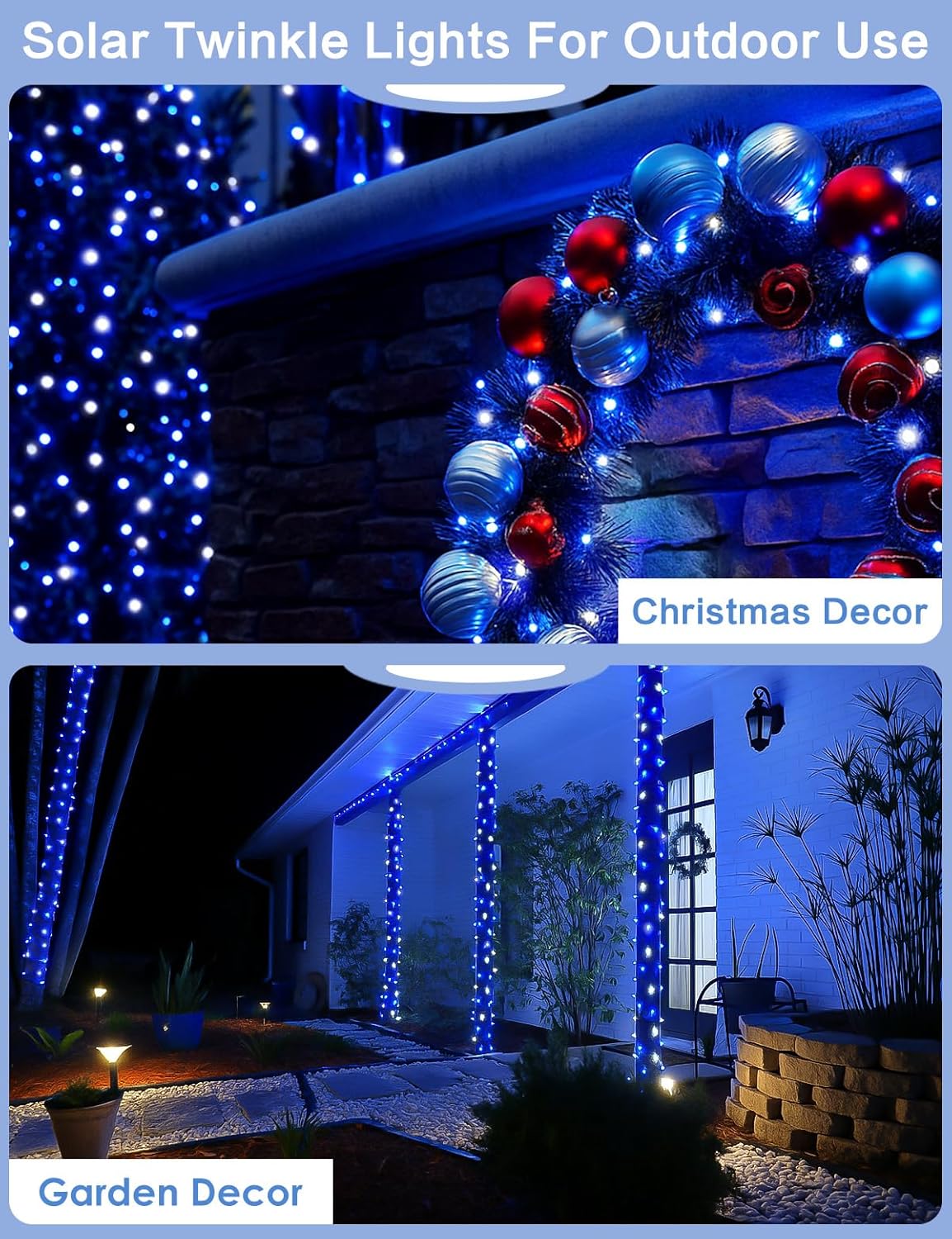 2 Pack Blue and White Solar String Lights Outdoor, 80FT 200 LED Waterproof Silver Wire Fairy Light, 8 Modes Solar Twinkle Light for Christmas Wedding New Year Independence Day Patio Fence Tree Decor