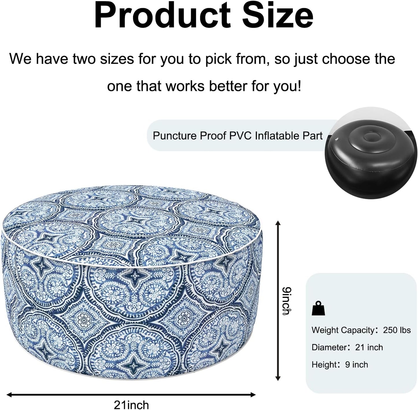 Inflatable Ottoman Stool D21 xH9 for Outdoor/Indoor Use, Water Repellent Patio Foot Rest Stool with Portable Handle,Round Pouf Ottoman Suitable for Garden,Deck and Camping - Medallion Blue