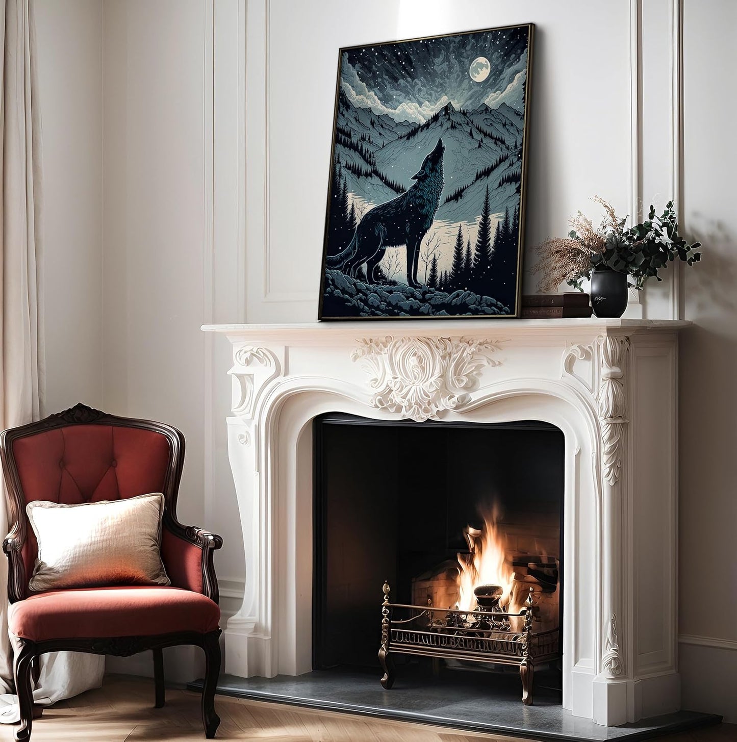 Poster Master Howling Wolf Poster - Moon Print - Mountain Art - Wolf & Moon Art - Gift for Men, Women & Animal Lover - Landscape Decor for Bedroom, Living Room or Kid's Room - 16x20 UNFRAMED Wall Art