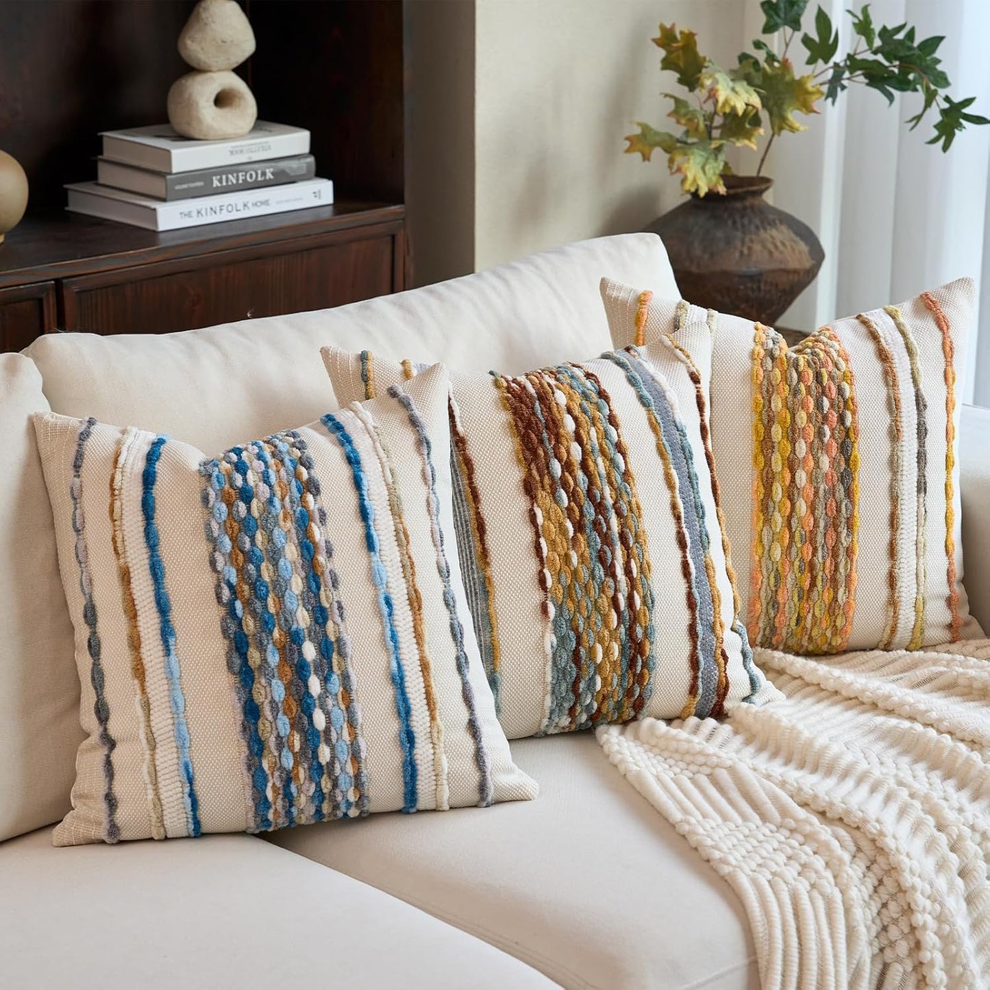 Aeckself Boho Pillow Covers 18x18 Inch Set of 2, Farmhouse Decorative Striped Square Chenille Tufted Accent Neutral Throw Pillow Covers for Living Room Couch Bed, Orange White