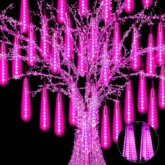 【2 Pack】 Christmas Lights Meteor Shower Rain Lights 12inch, Totally 20 Tube 480 LEDs Icicle Lights Outdoor Raindrop Lights for Xmas Halloween Wedding Party Tree Holiday Decoration, Pink