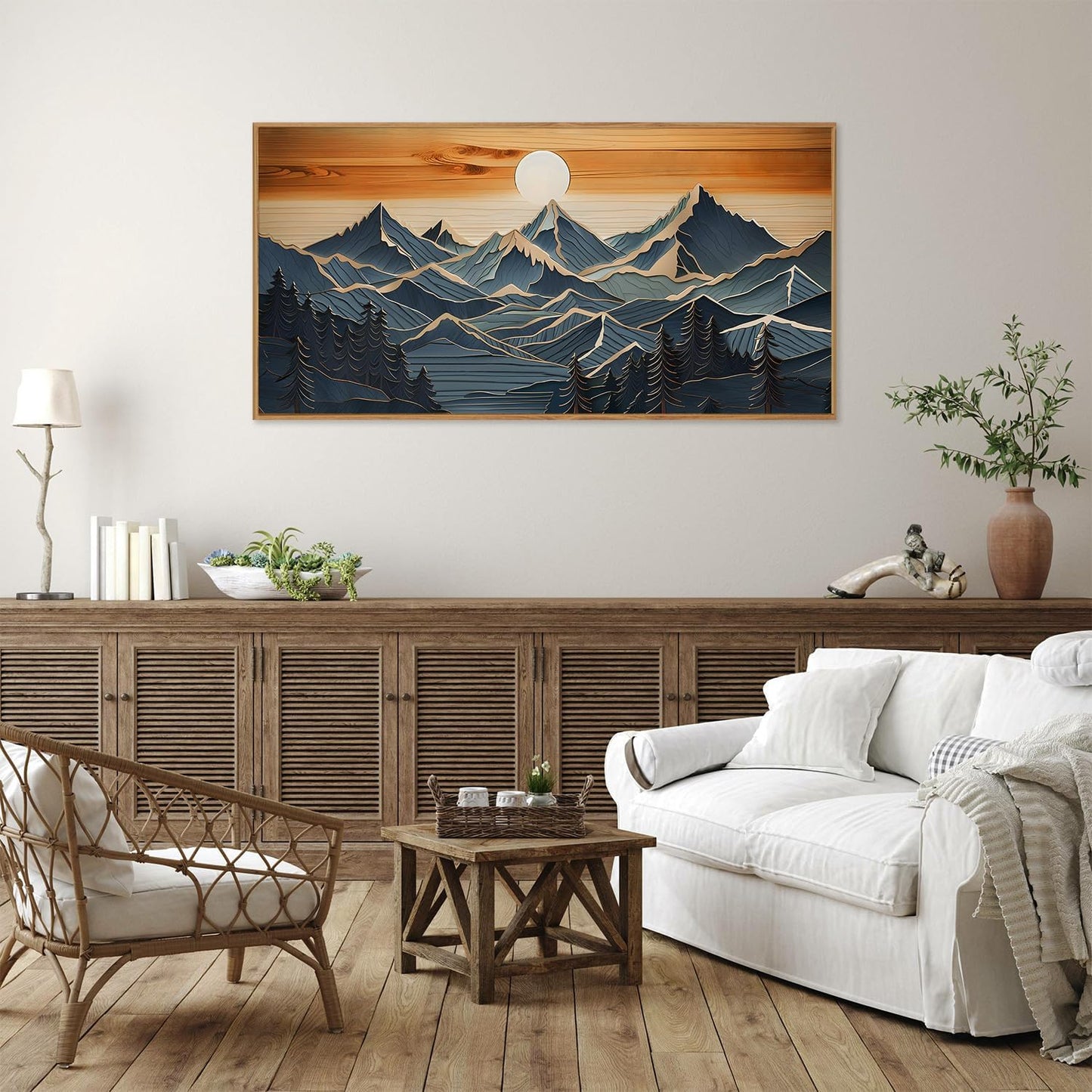 Tinonedraw Metal Mountain Framed Canvas Wall Art, Boho Mountains Forest Artworks, Mid Century Modern Blue Ridge Wall Decor, Vintage Nature Sunset Art Print for Living Room Bedroom Office 20"x40"