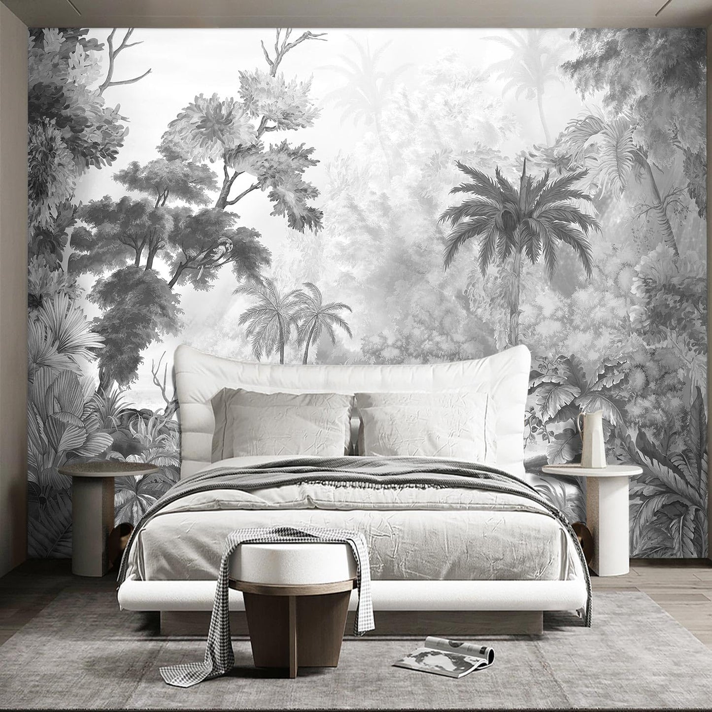 Grey Tropical Rainforest Plant wallpeper Living Room Bedroom Jungle Botanical Wall Mural - 91"x65"（Not Peel and Stick）