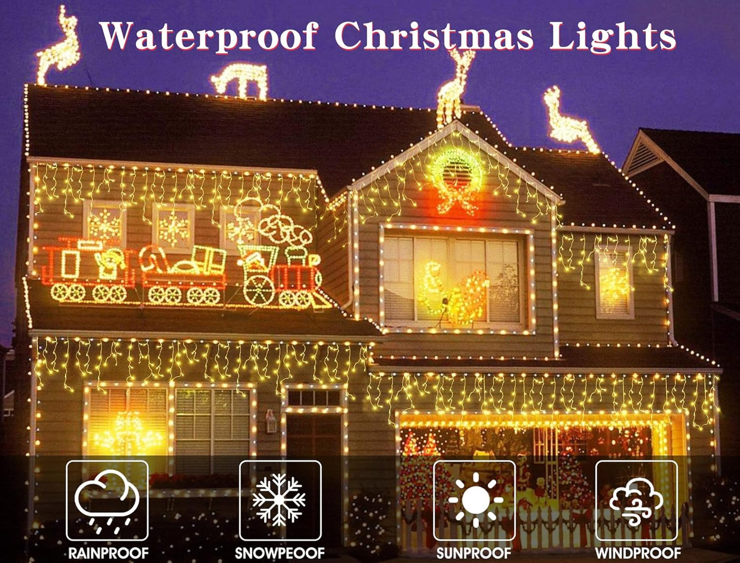 Warm White Christmas Icicle String Lights - 65.6 FT with 120 Drops, 8 Light Modes for Outdoor Decorations - Wedding, Party and More