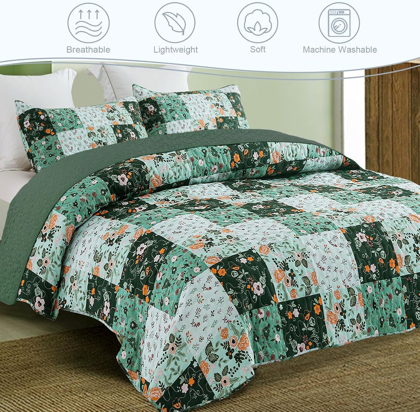Exclusivo Mezcla Reversible Boho Quilt Set Twin Size, 2 Pieces Patchwork Green All Season Bedspreads, Ultra Soft Floral Coverlet Bedding Set with Printed Pattern (1 Quilt, 1 Pillow Sham)