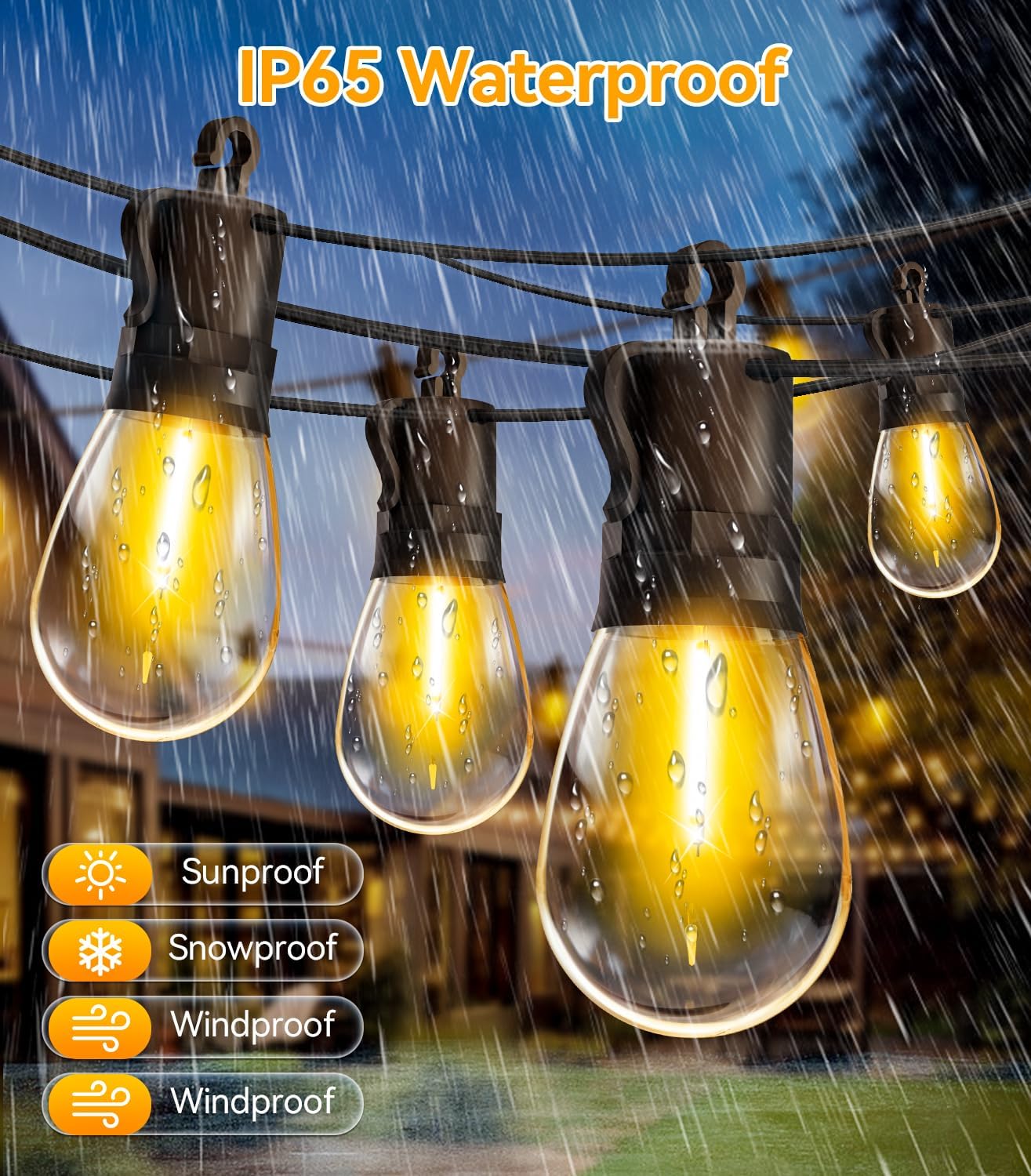 Outdoor-String-Lights-Patio-LED-Light-Outside 50Ft 15M Waterproof Remote Dimmable S14 LED Porch Lighting with 15 Edison Plastic Bulb Hanging Lights Connectable for Backyard Yard Gazebo Party Garden
