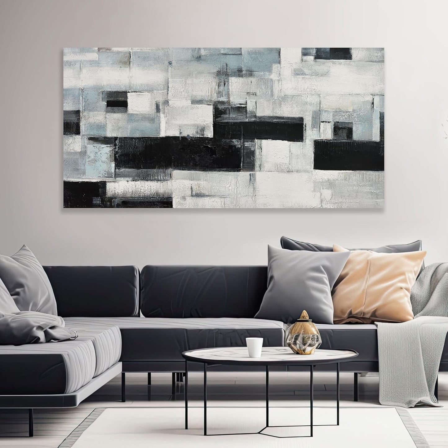 Glvzygy Abstract Wall Art Room Decor Black White and Gray Plaid Minimalism Picture Abstract Art Wall Decor Modern Abstract Wall Art Canvas for Living Room Bedroom Office 24"x48"