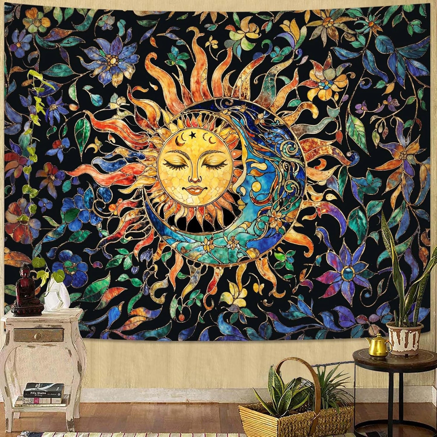 Aipon Sun and Moon Tapestry for Bedroom Boho Hippie Floral Wall Tapestry Aesthetic Vintage Stained Glass Plant Extra Large Tapestries Wall Hanging for Living Room Dorm 90 x 68 Inch
