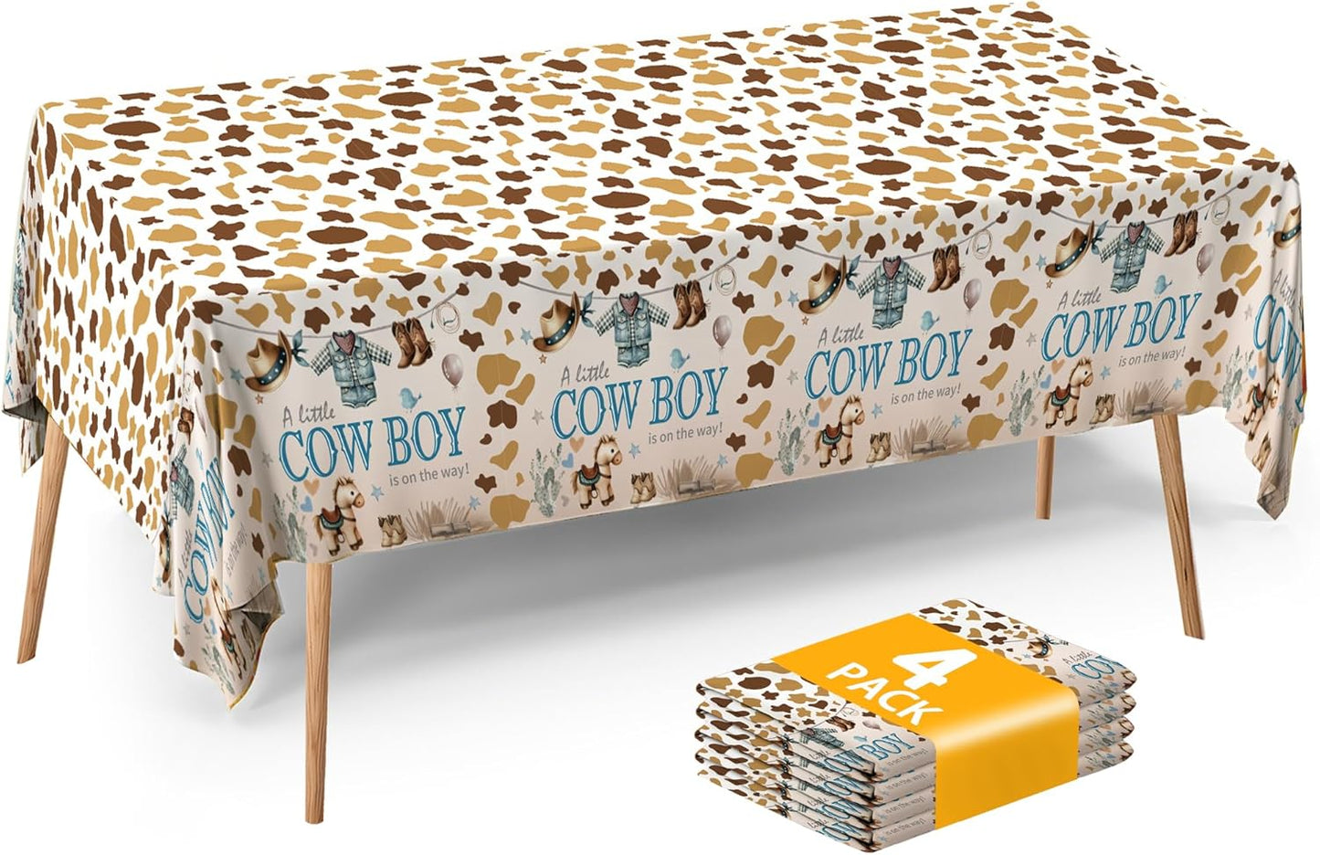 ATFUNSHOP Cowboy Baby Shower Tablecloth 4 Pack 54X108 A Little Cowboy is On The Way Western Theme Table Cover, Rustic Baby Boy Rodeo Party Decorations