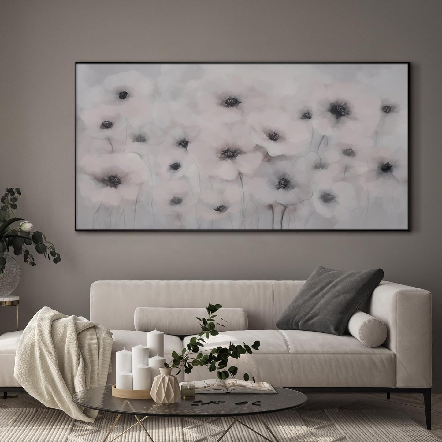24"x46" Extra Large Framed Wall Art Soft White Poppies Watercolor Floral, Delicate Botanical for Home Living Room Bedroom Decor (Frame Assembly Required)