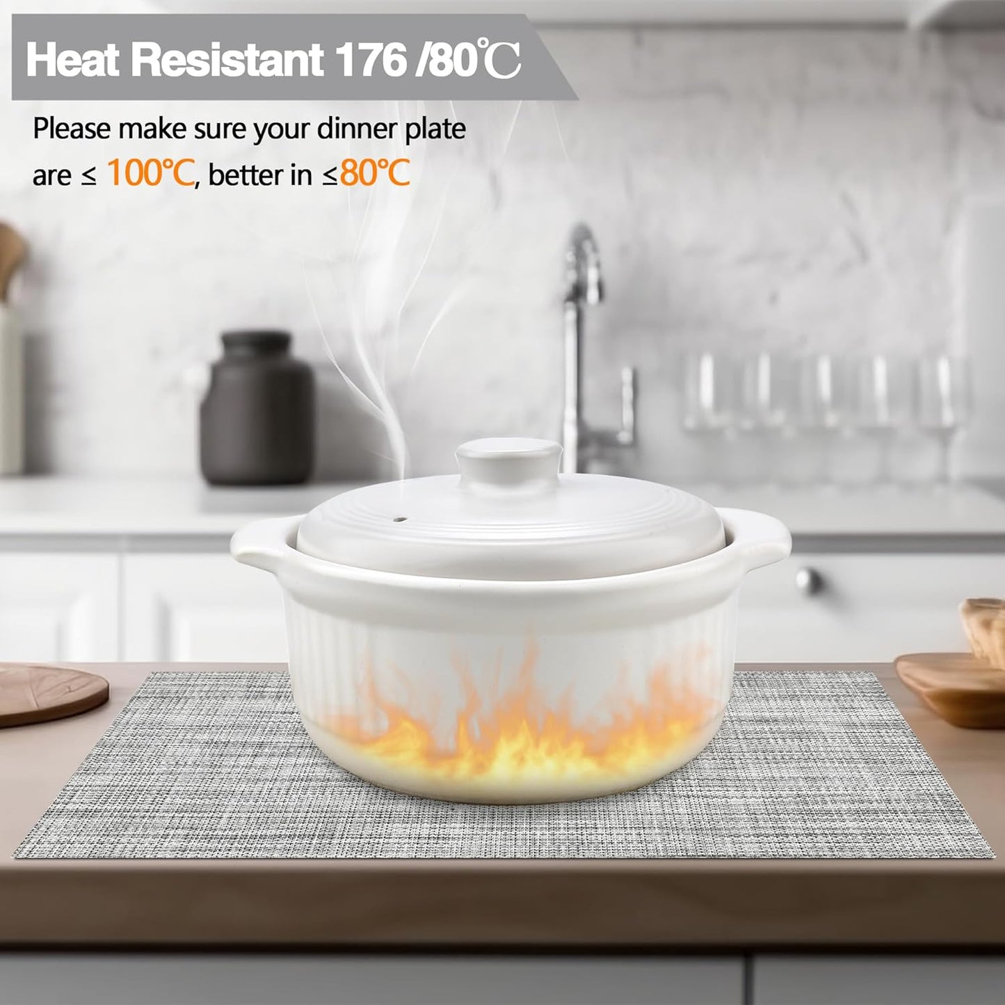 Placemats Set of 6 - Easy Clean Washable Vinyl Placemats - Wipeable Heat Resistant Table Mats for Dining Table - 17.7x11.8 Inch (6, Black & White Two-Tone)