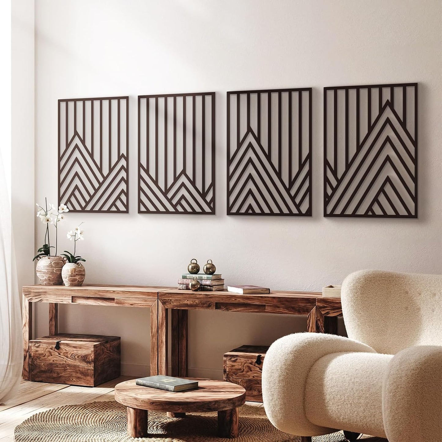 Glamativity 4 Pack Black Abstract Metal Wall Art, Minimalist Décor Single Line Art Wall Décor, 3D Textured Metal Wall Sculptures, for Living Room Bedroom Bathroom Study Room (Mountain Line, M Size 17 x 12'')