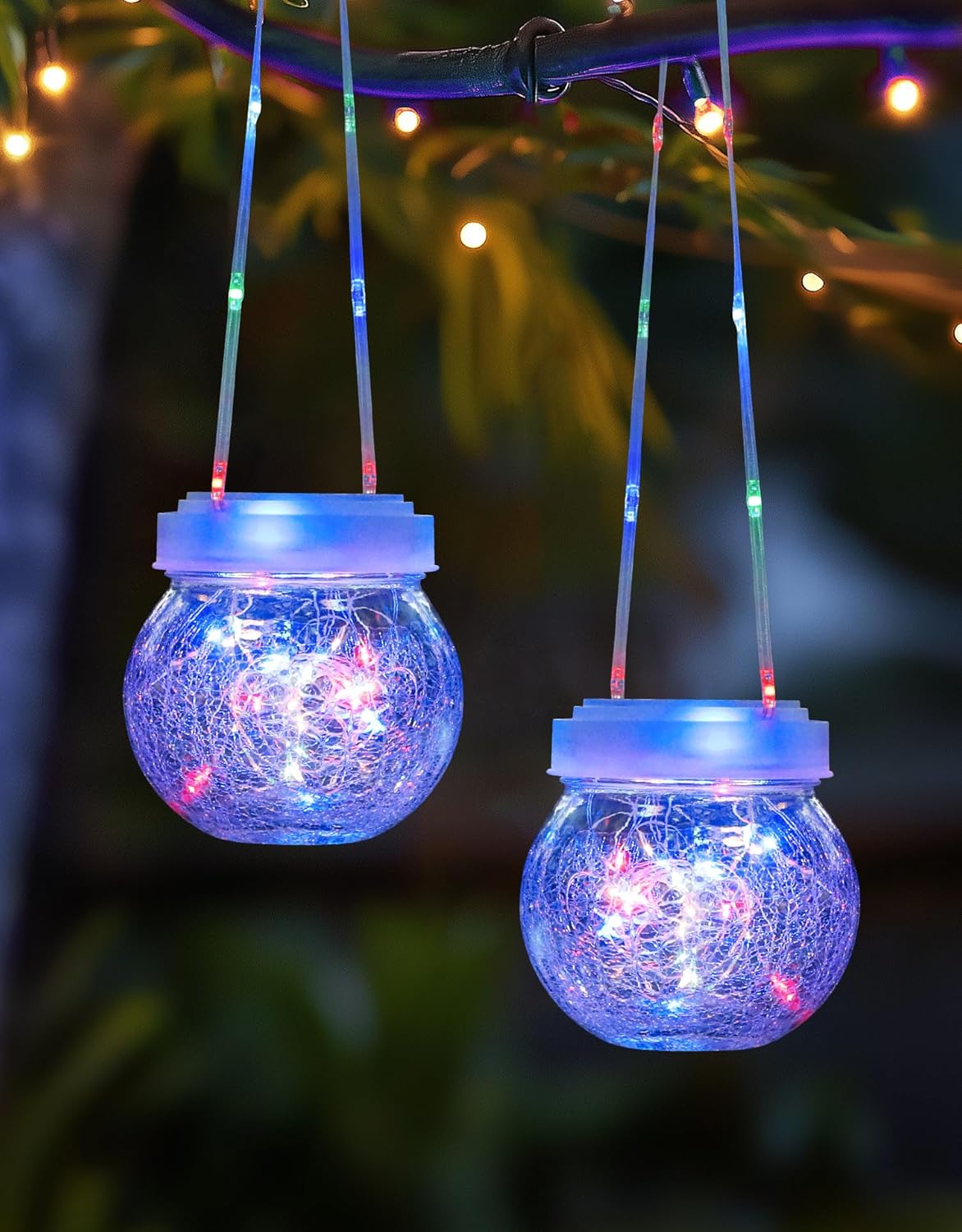 Solar Lantern Solar Lights Outdoor Waterproof 2-Pack, Solar Powered Hanging Lights Cracked Glass Hanging Globes for Christmas Decoration, Shepherd Hook, Garden Tree Ornaments,White Cap, Multi-Color