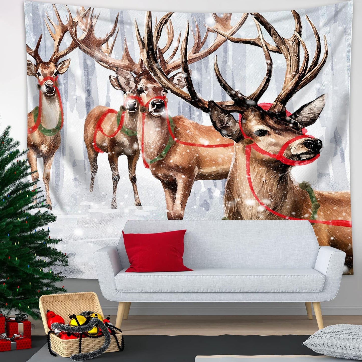 QGHOT Winter Tapestry Wall Hanging Winter Forest Backdrop Christmas Snowy Deer Wall Decor Snow Elk Tapestries for Bedroom Living Room Dorm Party Decoration
