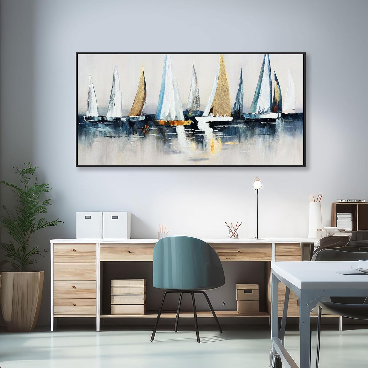 Abstract Wall Art Blue and White Sailboat Wall Paintings Framed Artwork for Living Room Bedroom Bathroom Office Home Decor Can Be Hung Directly 24"x 48"