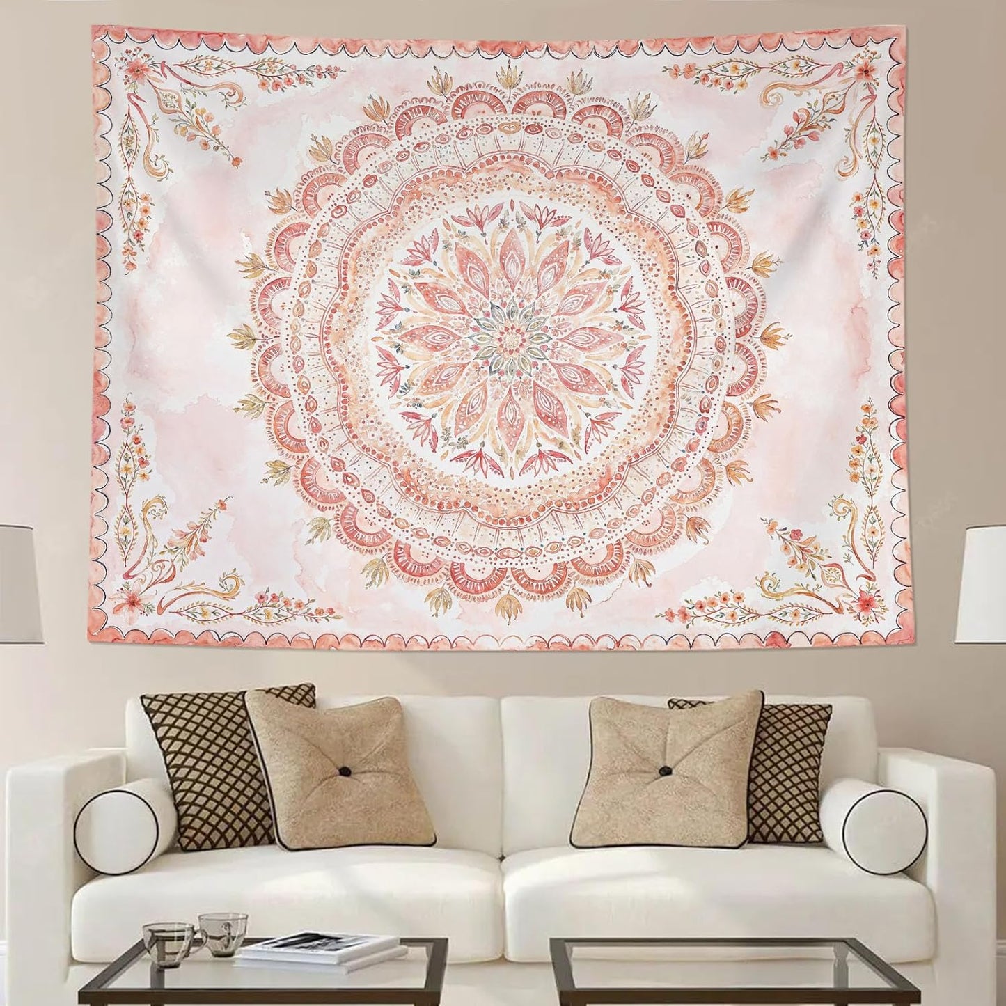 Fowocu Boho Floral Mandala Tapestry Wall Hanging Pink Bohemian Flower Medallion Tapestry Aesthetic Watercolor Hippie Indian Small Tapestries for Bedroom Living Room Dorm Decor 60 x 44 Inch