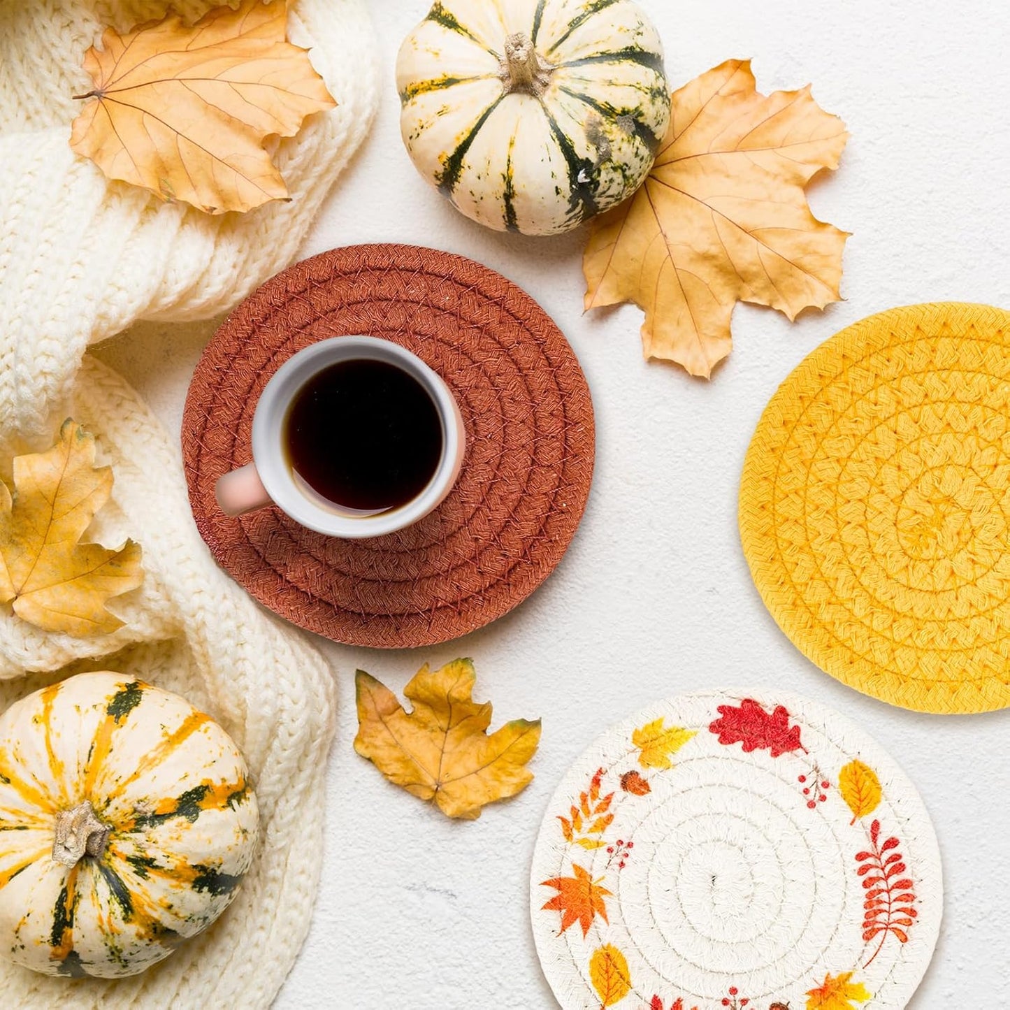 Whaline Fall Coasters Maple Leaves Handmade Braided Cotton Drink Coasters Orange Yellow Non-Slip Absorbent Cup Mats for Autumn Thanksgiving Table Protection Birthday Housewarming Gift Home Decor, 4Pcs