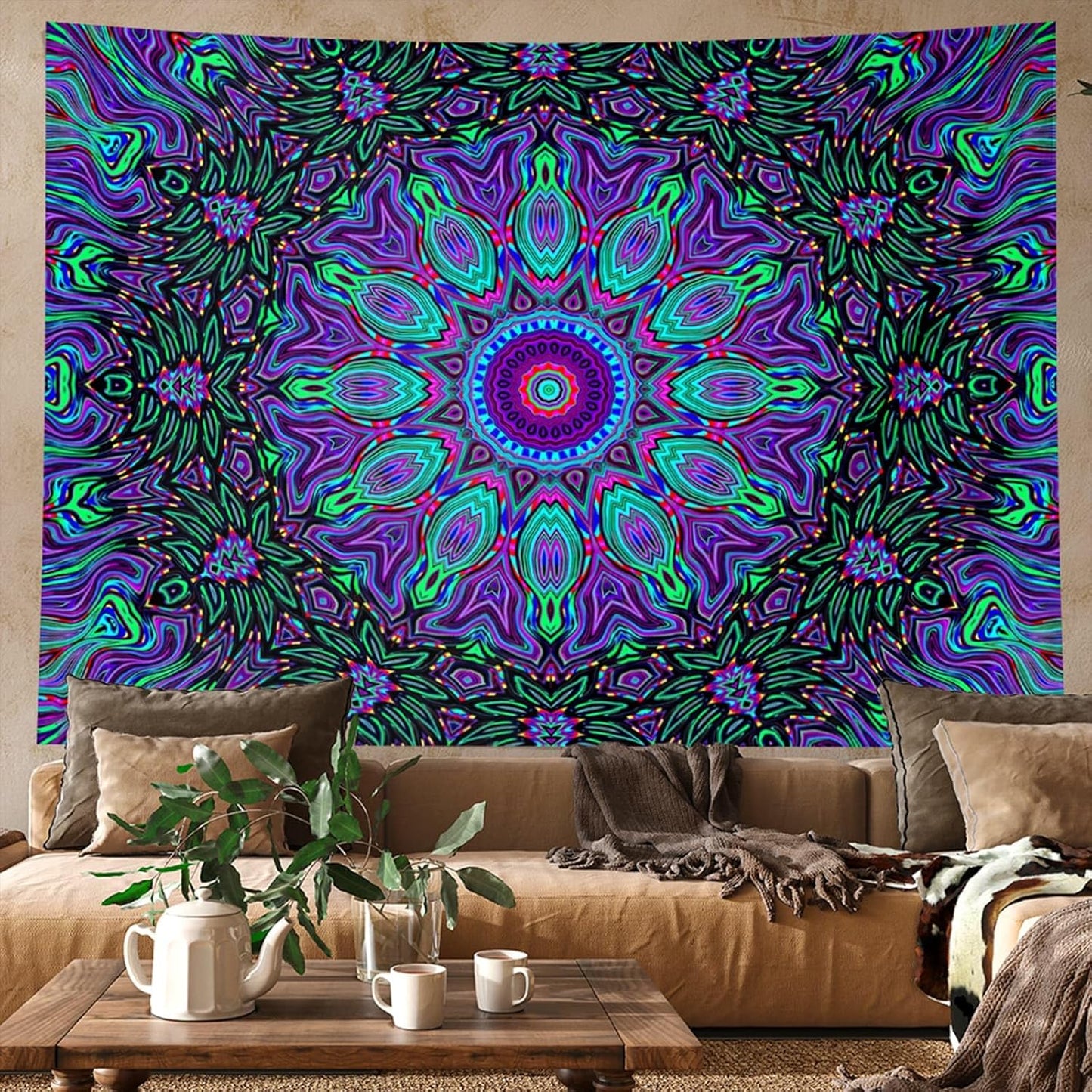 PSYHILAR Blacklight Mandala Tapestry for Bedroom, Psychedelic Black Light Posters for Adults and Teens, Neon UV Reactive Aesthetic Bohemian Art Wall Hanging Decor (90 x 70 Inches)