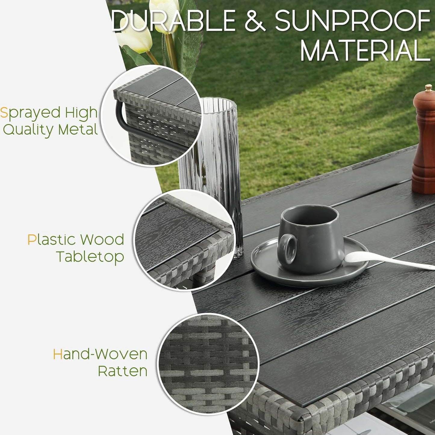 Wicker Outdoor Bar Cart - Gray Gradient Patio Console Storage Table Buffet Cabinet Serving Kitchen Cart with Wheels for Outside Backyard