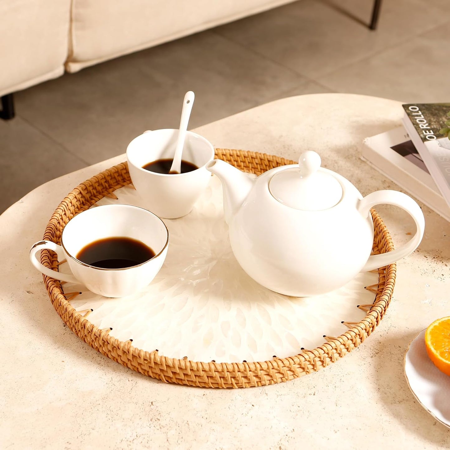 Round Rattan Tray with Mother of Pearl Inlay & Wooden Base - Decorative Wicker Serving Tray for Coffee/Bread/Fruits, Food Storage & Display - Multipurpose Home Decor (L,White Leaves)