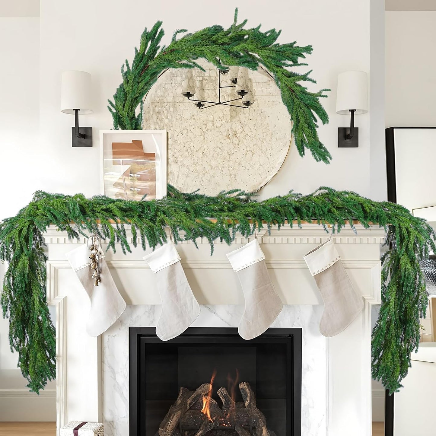 Hananona 9 Ft 2 Pcs Artificial Norfolk Pine Garlands, Realistic Pine Garland, Green Artificial Greenery Garland for Table, Mantle, Wall, Indoor, Outdoor Winter Christmas Decorations (2, 9 FT)