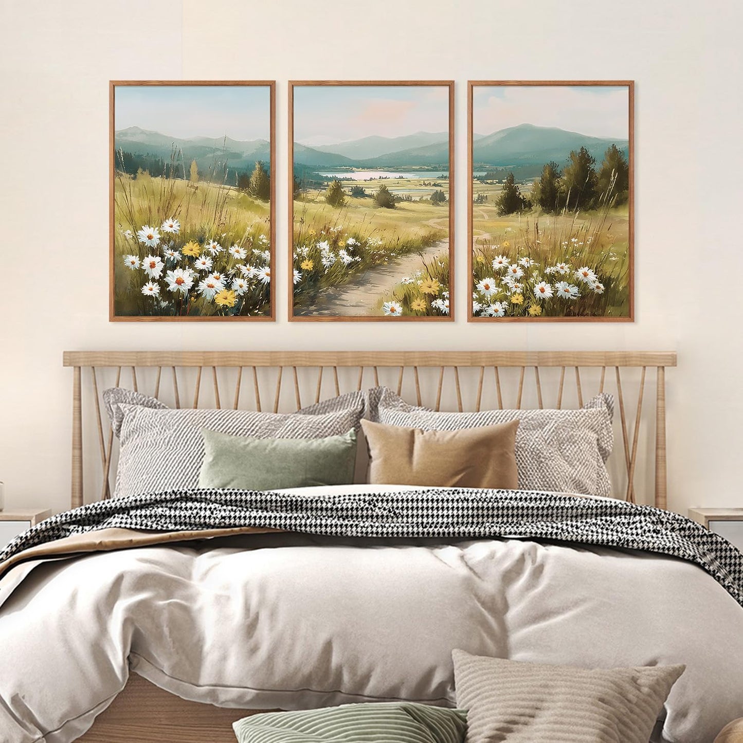 KAIRNE Field Canvas Wall Art,Vintage Landscape Wall Decor,Wildflower Prints Set of 3(16”X24”),Nature Botanical Floral Posters,Rustic Paintings for Kitchen Living Room Bedroom Farmhouse Decor,Framed