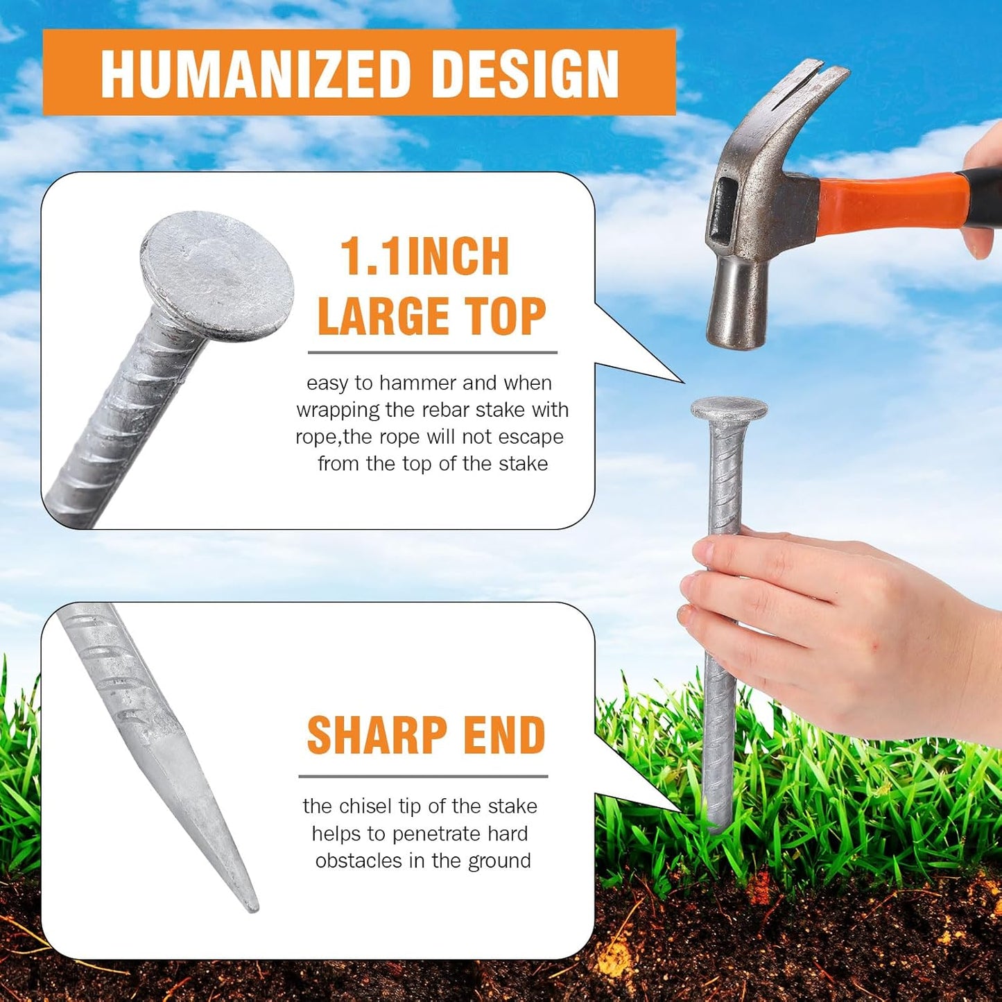 Tandefio 24 Pcs 14 inch Rebar Stakes, 1/2 Inch Diameter Threaded Galvanized Steel Ground Anchors Plant Support Garden Stakes, Heavy Duty Metal Landscape Spikes for Speed Bump Tent